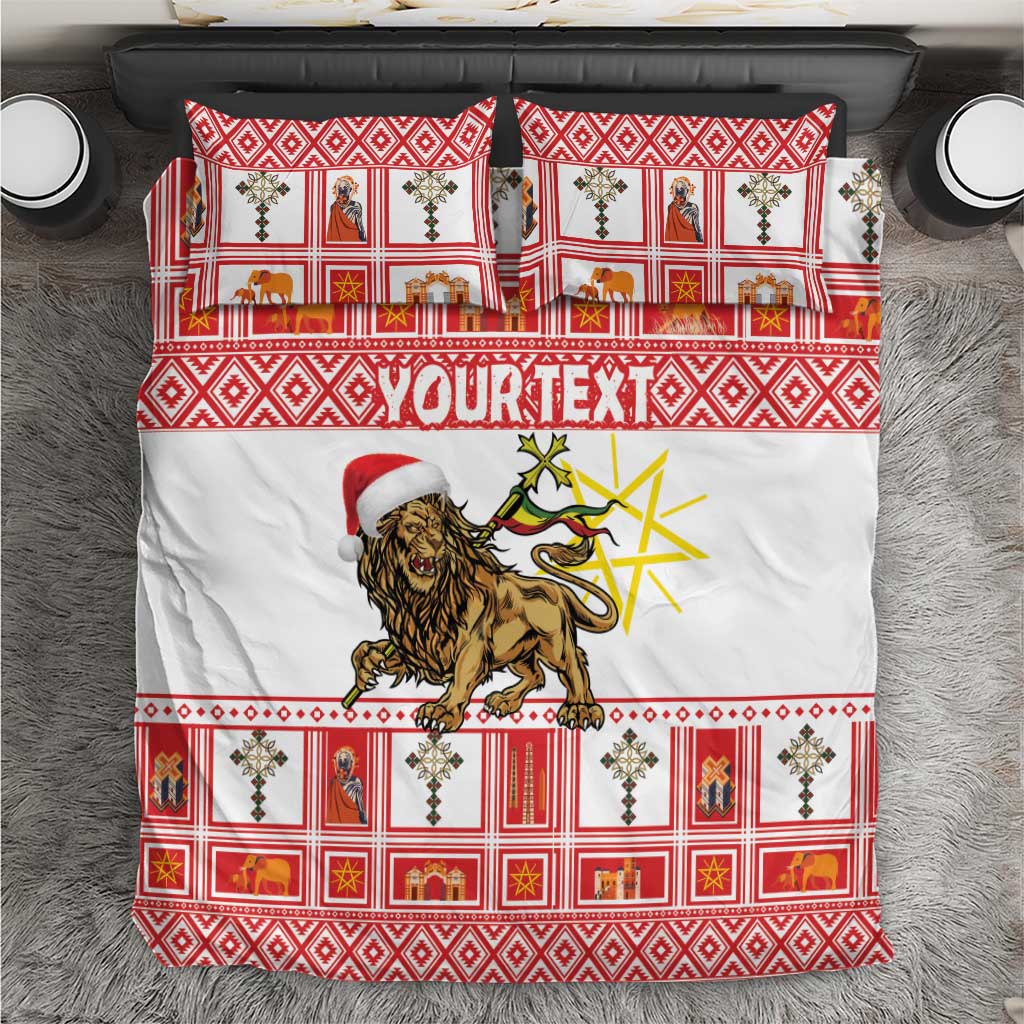 Red and white lion Christmas bedding set top view with YOURTEXT band and Santa hat lion art