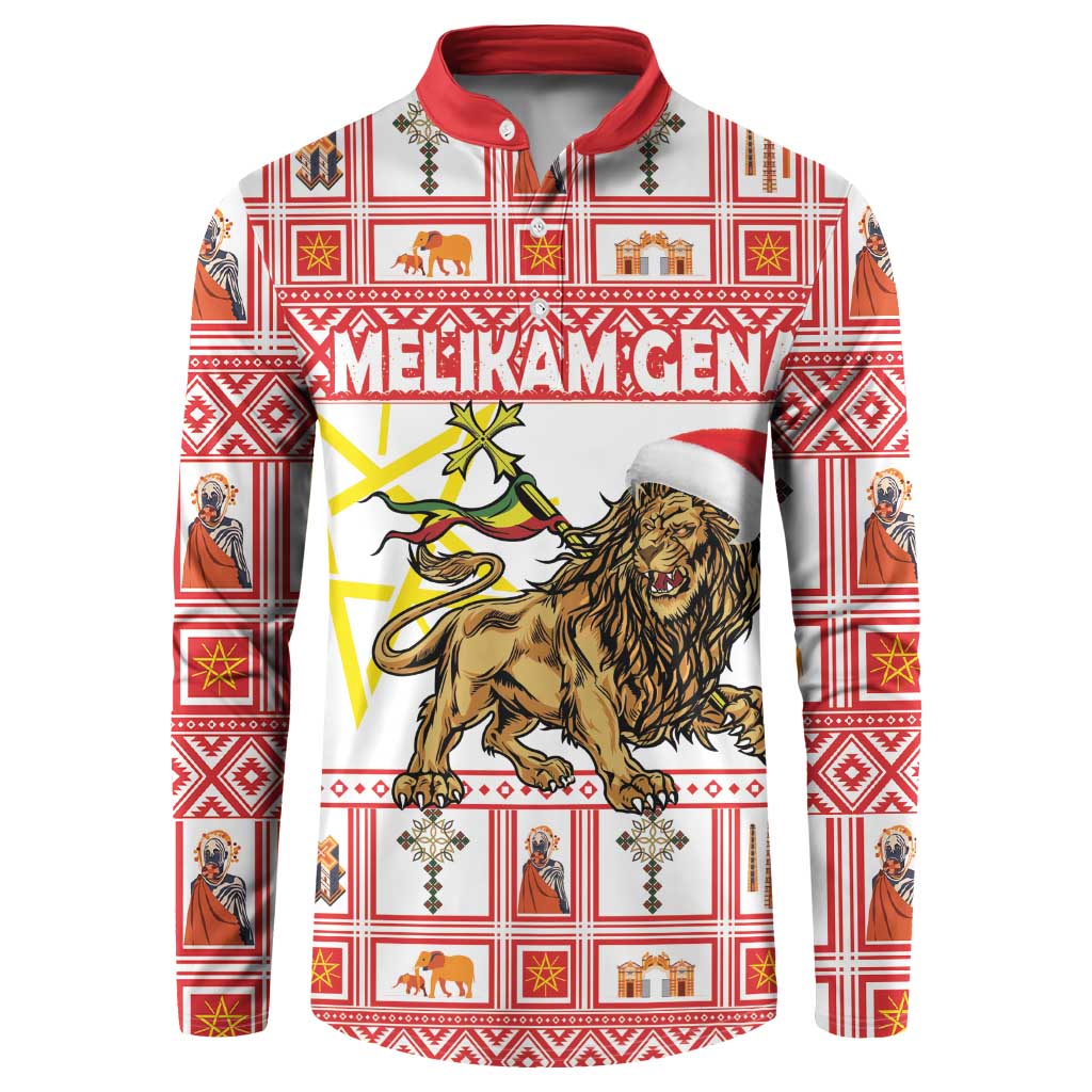 Red and white crewneck sweatshirt with bold lion graphic, holiday pattern, red neck trim