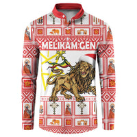 Red and white crewneck sweatshirt with bold lion graphic, holiday pattern, red neck trim