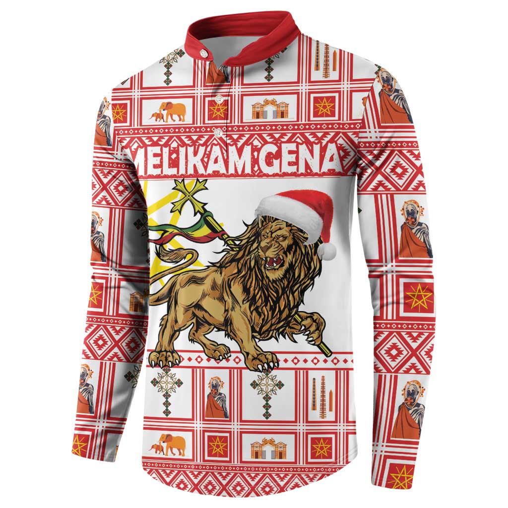 Red and white crewneck sweatshirt with lion artwork and holiday pattern, red Santa hat detail