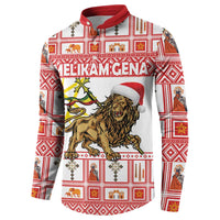 Red and white crewneck sweatshirt with lion artwork and holiday pattern, red Santa hat detail