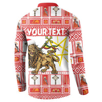 Red and white crewneck sweatshirt with lion graphic and “YOURTEXT” lettering across the design