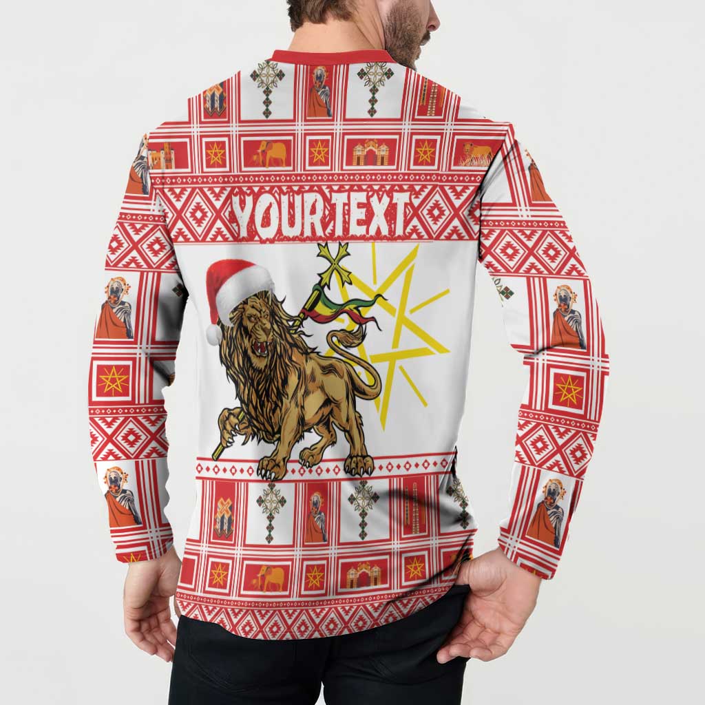 Red and white crewneck sweatshirt back with lion graphic and “YOURTEXT” lettering