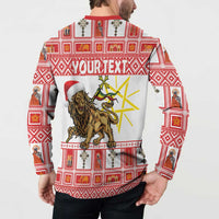Red and white crewneck sweatshirt back with lion graphic and “YOURTEXT” lettering