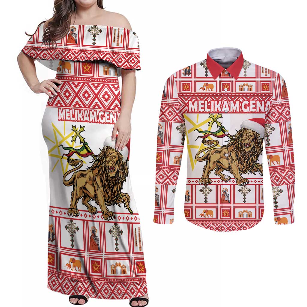 Personalized Ethiopia Christmas Couples Matching Off Shoulder Maxi Dress and Long Sleeve Button Shirt Lion of Judah - Melikam Gena!