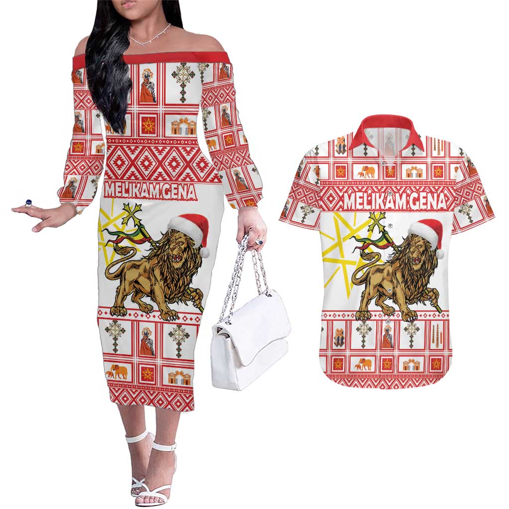 Personalized Ethiopia Christmas Couples Matching Off The Shoulder Long Sleeve Dress and Hawaiian Shirt Lion of Judah - Melikam Gena!