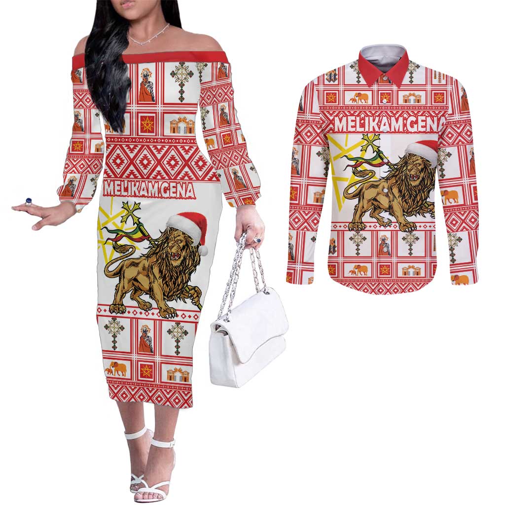 Personalized Ethiopia Christmas Couples Matching Off The Shoulder Long Sleeve Dress and Long Sleeve Button Shirt Lion of Judah - Melikam Gena!