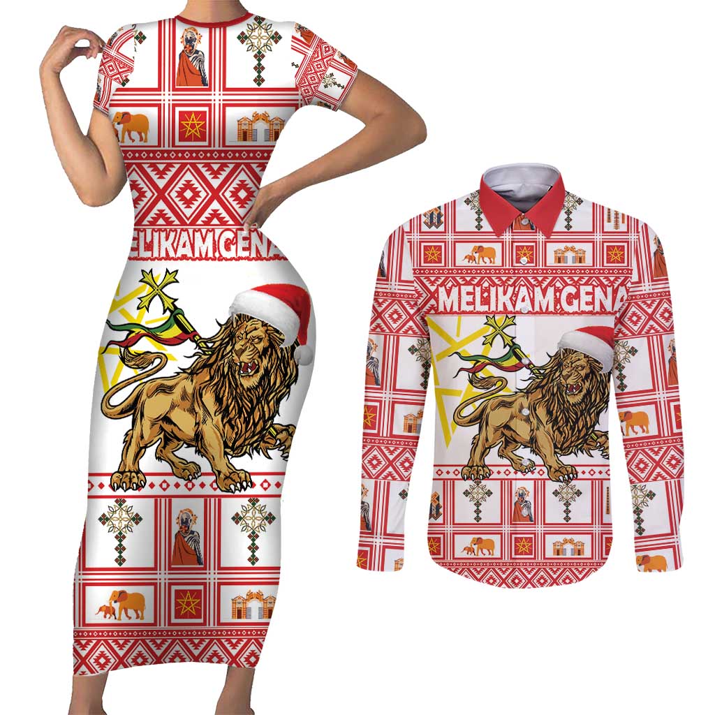 Personalized Ethiopia Christmas Couples Matching Short Sleeve Bodycon Dress and Long Sleeve Button Shirt Lion of Judah - Melikam Gena! - Wonder Print Shop