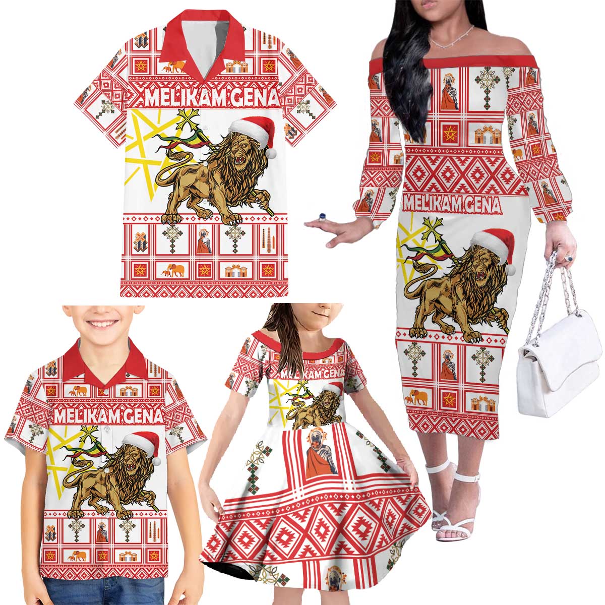 Personalized Ethiopia Christmas Family Matching Off The Shoulder Long Sleeve Dress and Hawaiian Shirt Lion of Judah - Melikam Gena!