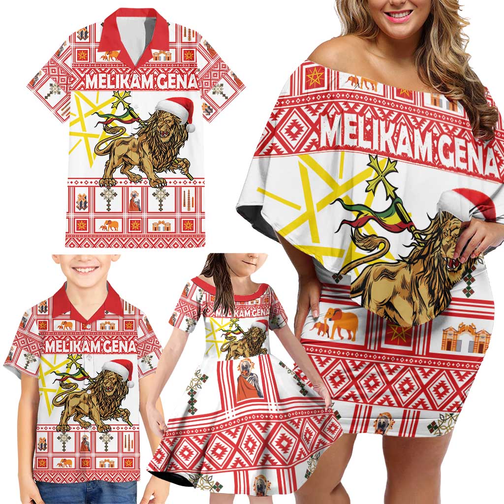 Personalized Ethiopia Christmas Family Matching Off Shoulder Short Dress and Hawaiian Shirt Lion of Judah - Melikam Gena!