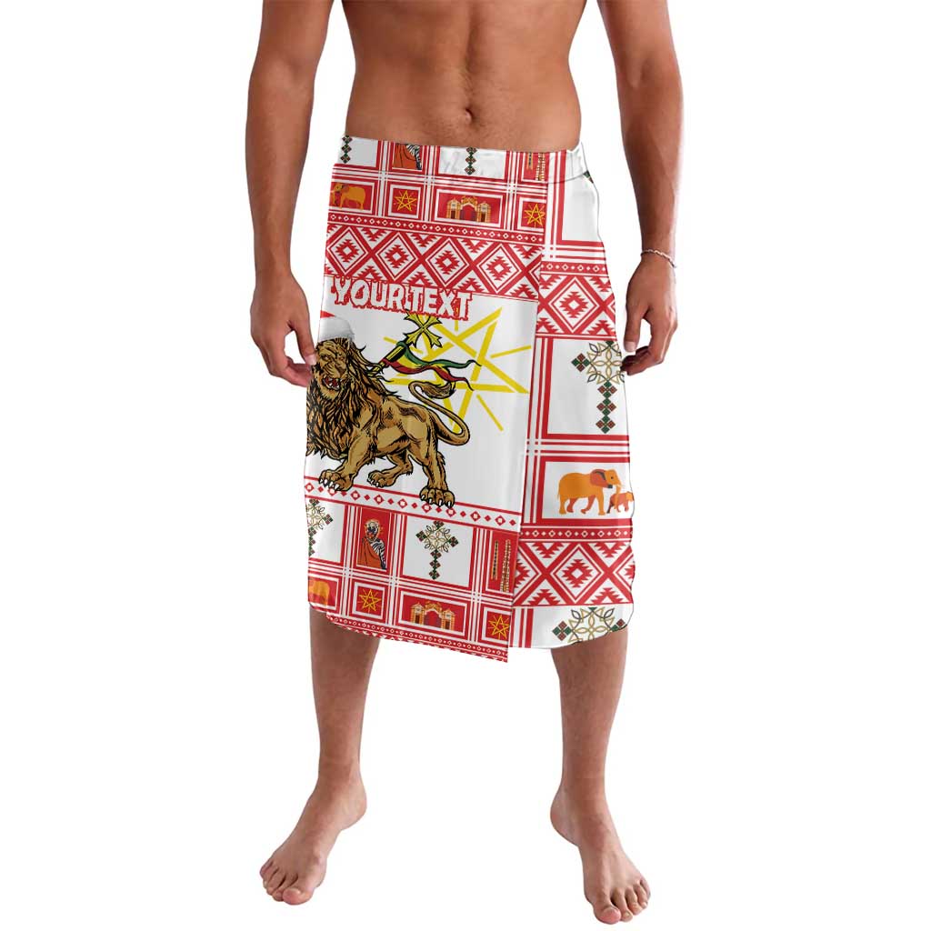 Men's red printed lavalava wrap skirt with gold lion and geometric panel