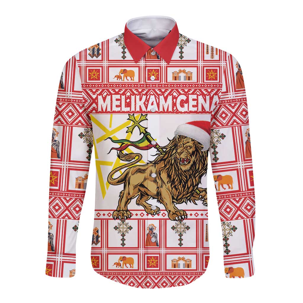 Red and white long-sleeve button shirt with front text 'MELIKAM GENA' and lion artwork