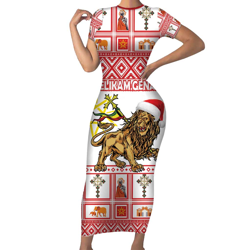 Personalized Ethiopia Christmas Short Sleeve Bodycon Dress Lion of Judah - Melikam Gena!