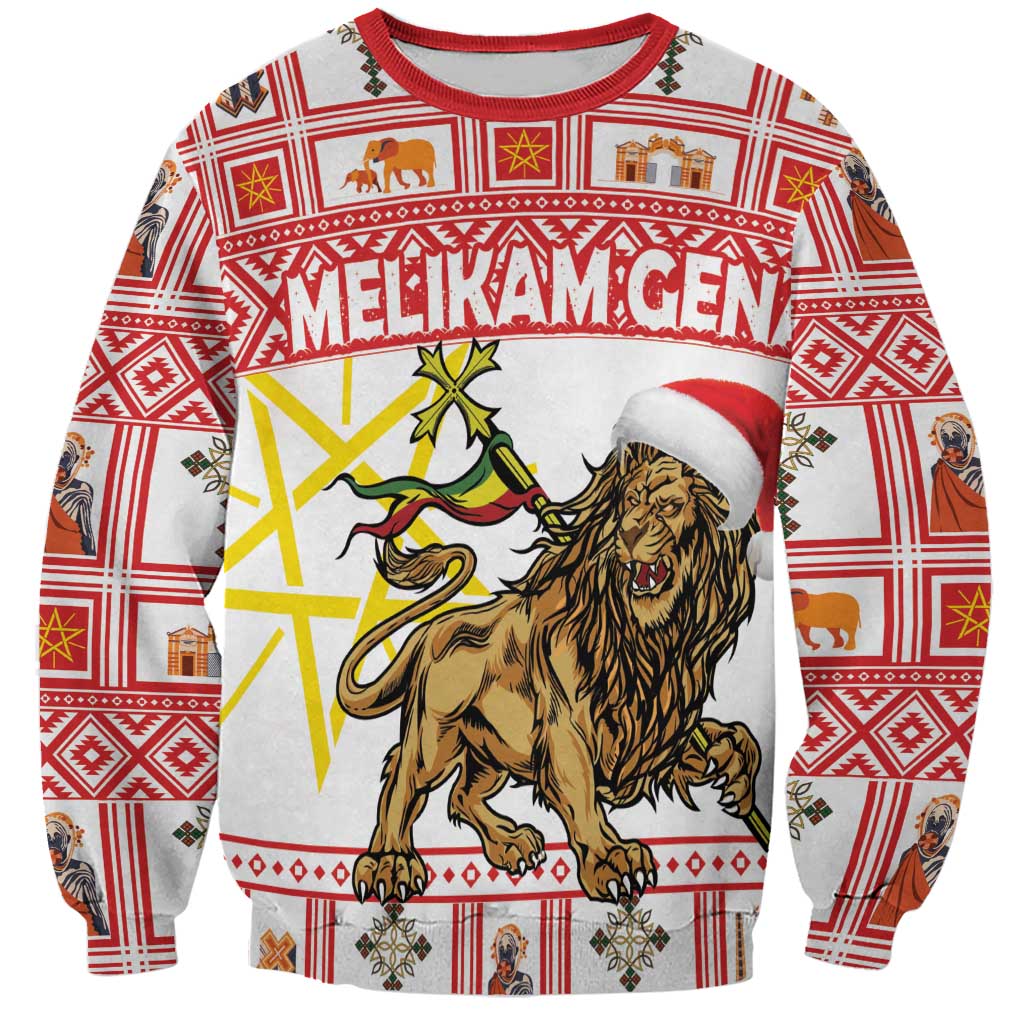 Red and white lion of Judah Christmas sweatshirt with Santa hat and MELIKAM GENA text
