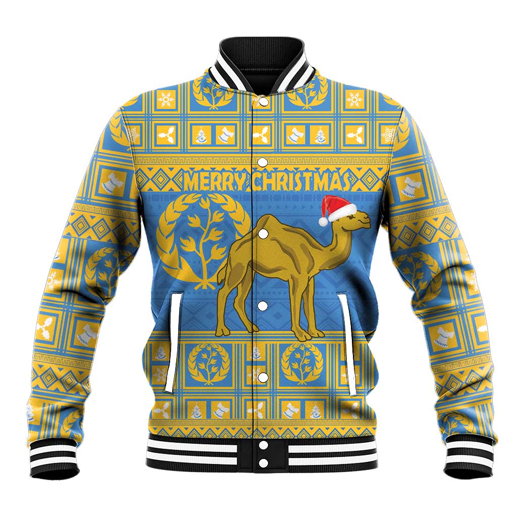 Blue Christmas baseball jacket with striped rib collar; camel and 'MERRY CHRISTMAS' on front