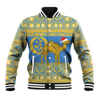 Blue Christmas baseball jacket with striped rib collar; camel and 'MERRY CHRISTMAS' on front