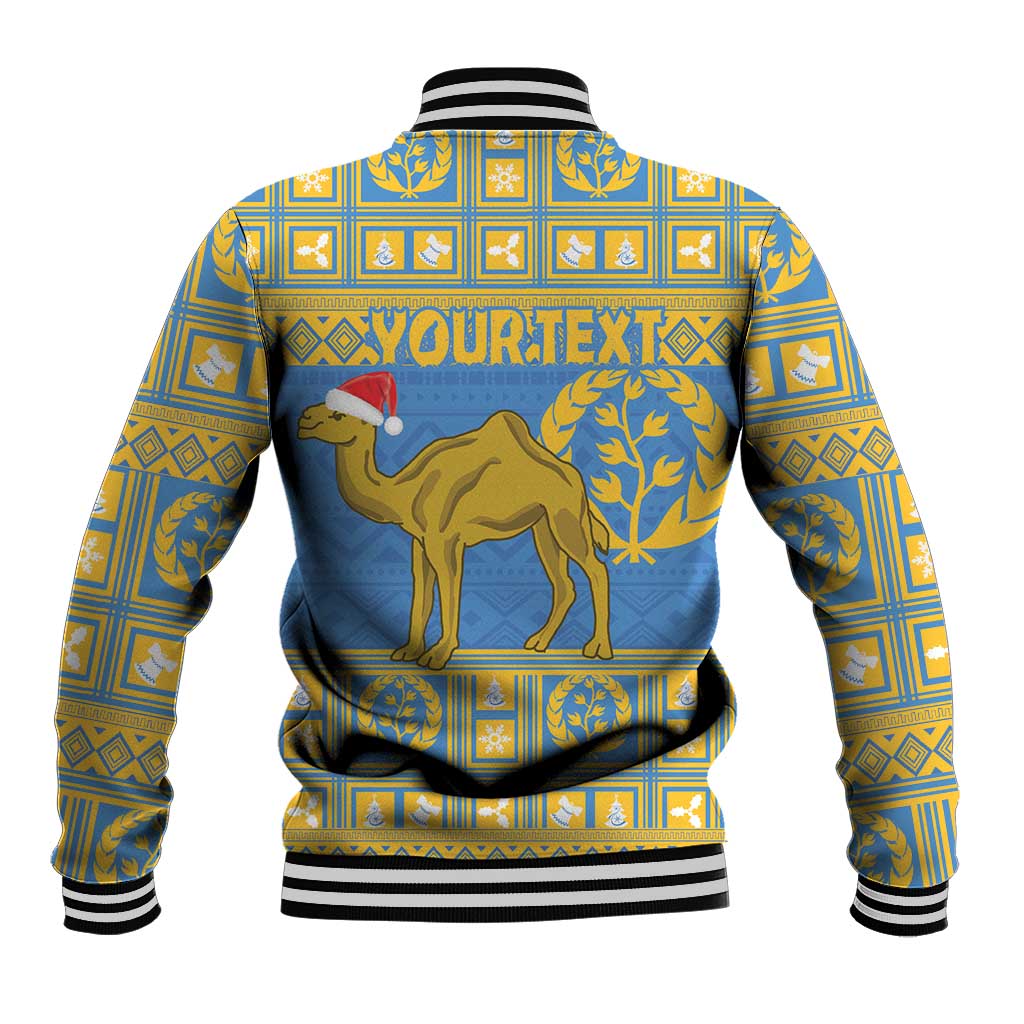 Back view of blue Christmas baseball jacket, striped cuffs; camel, laurels, and 'YOURTEXT' text