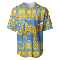 Blue baseball jersey with gold pattern, camel graphic, red Santa hat, and Merry Christmas text