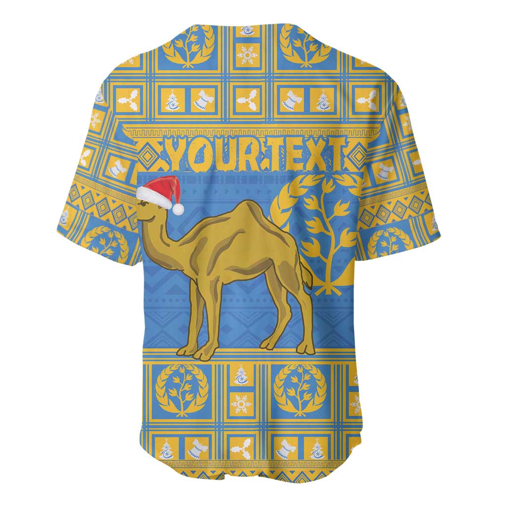 Back of blue baseball jersey with gold pattern, camel graphic, red Santa hat, and YourText