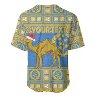 Back of blue baseball jersey with gold pattern, camel graphic, red Santa hat, and YourText