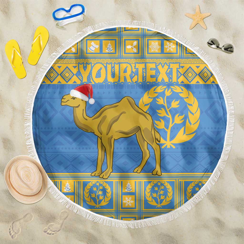 Blue round beach blanket with camel wearing a Santa hat, “YOUR TEXT” banner, fringed edge