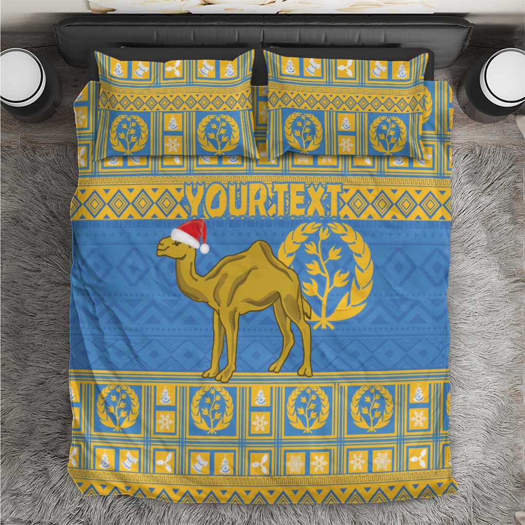 Blue duvet bedding set with gold camel, laurel, and checker-style emblem striping