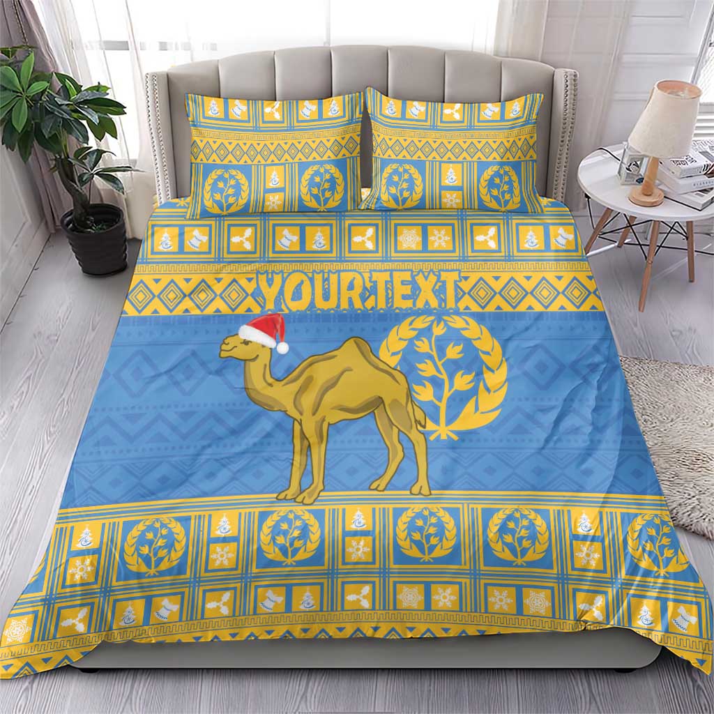 Blue and gold patterned bedding set with camel and geometric border; matching pillowcases