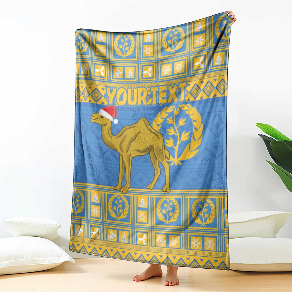 Blue wall-hanging blanket featuring camel with Santa hat and yellow emblem border