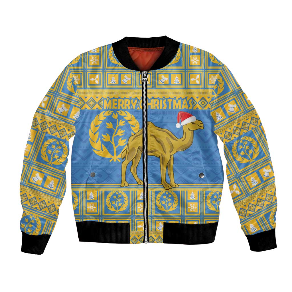Blue bomber jacket with front zip, camel in santa hat, gold geometric Christmas print