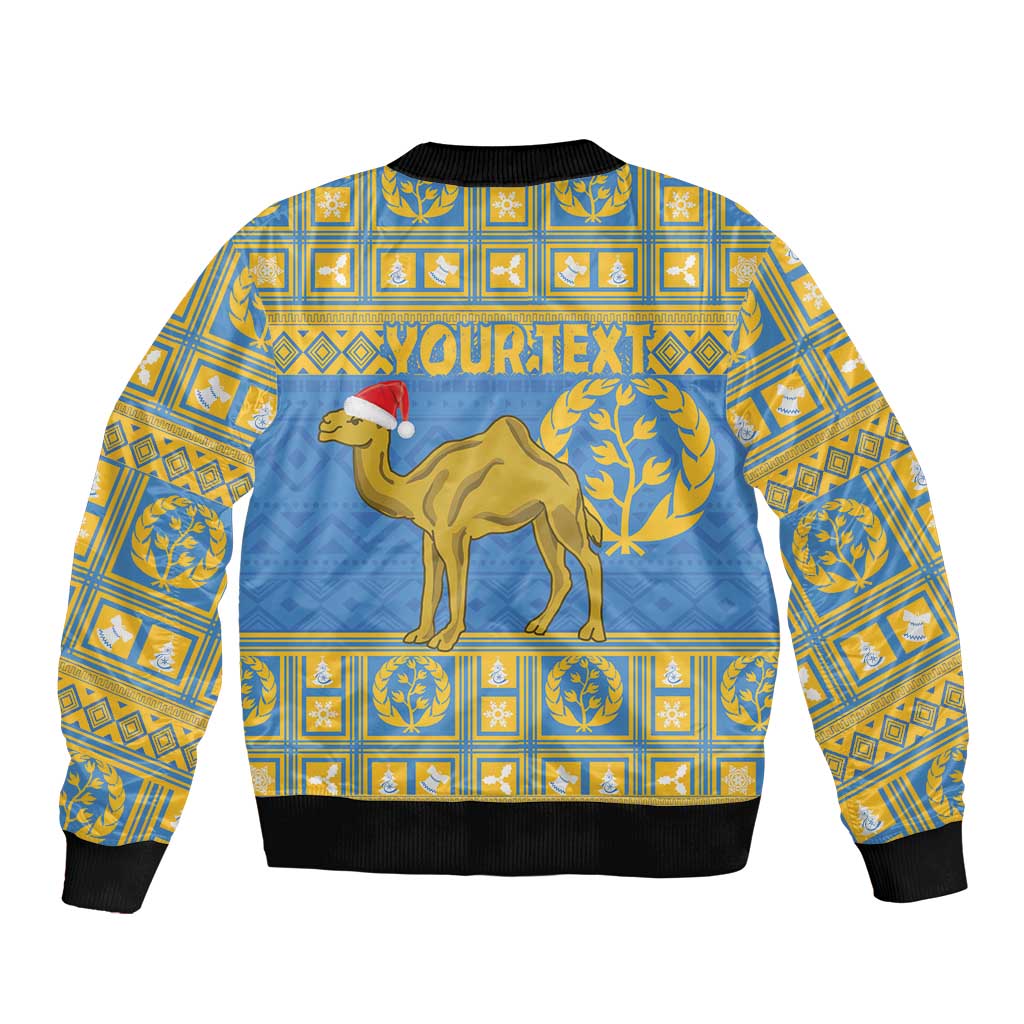 Blue bomber jacket with gold geometric print, camel and laurel on back, ribbed cuffs