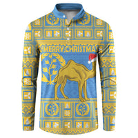 Blue button-front sweatshirt with camel and 'MERRY CHRISTMAS' graphic on front