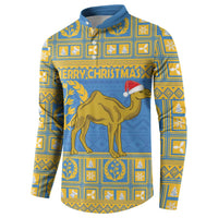 Blue button-front sweatshirt with camel graphic and 'MERRY CHRISTMAS' text