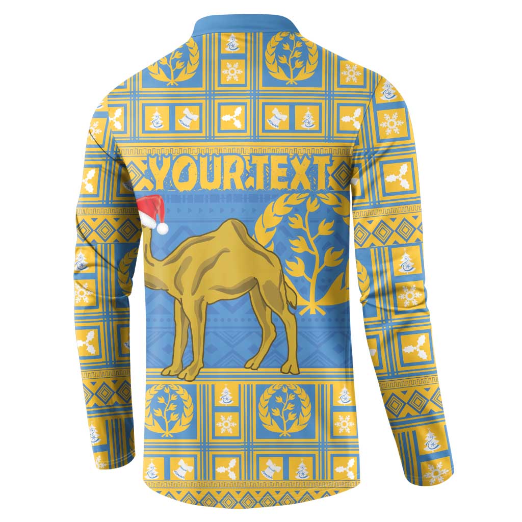 Blue button-front sweatshirt with camel graphic and 'YOUR TEXT' across chest