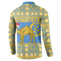 Blue button-front sweatshirt with camel graphic and 'YOUR TEXT' across chest