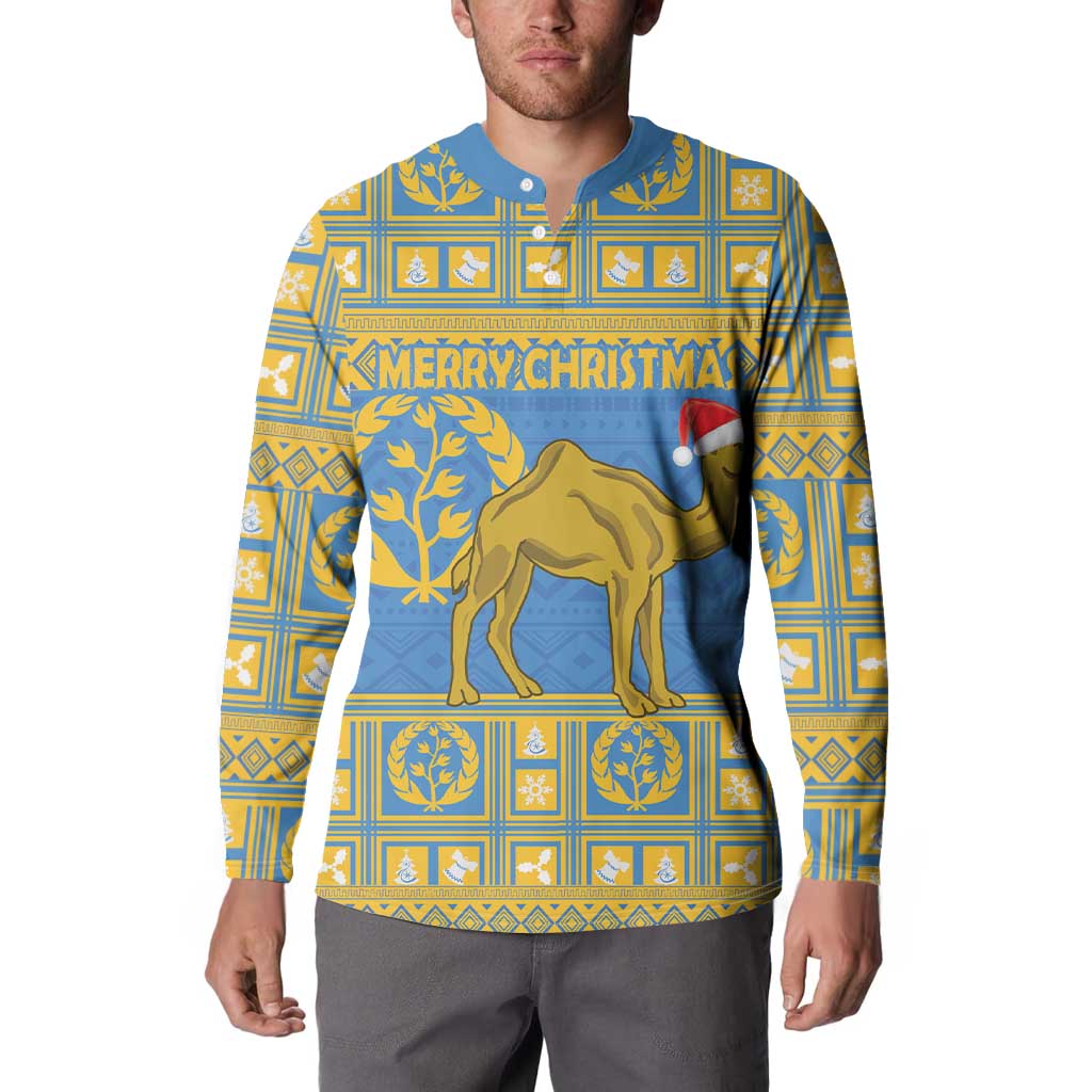 Blue button-front sweatshirt with camel and 'MERRY CHRISTMAS' graphic, long sleeves