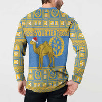 Blue button-front sweatshirt back view with camel graphic and 'YOUR TEXT' text