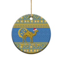 Blue circular Eritrea Christmas ceramic ornament with gold camel and “MERRY CHRISTMAS”