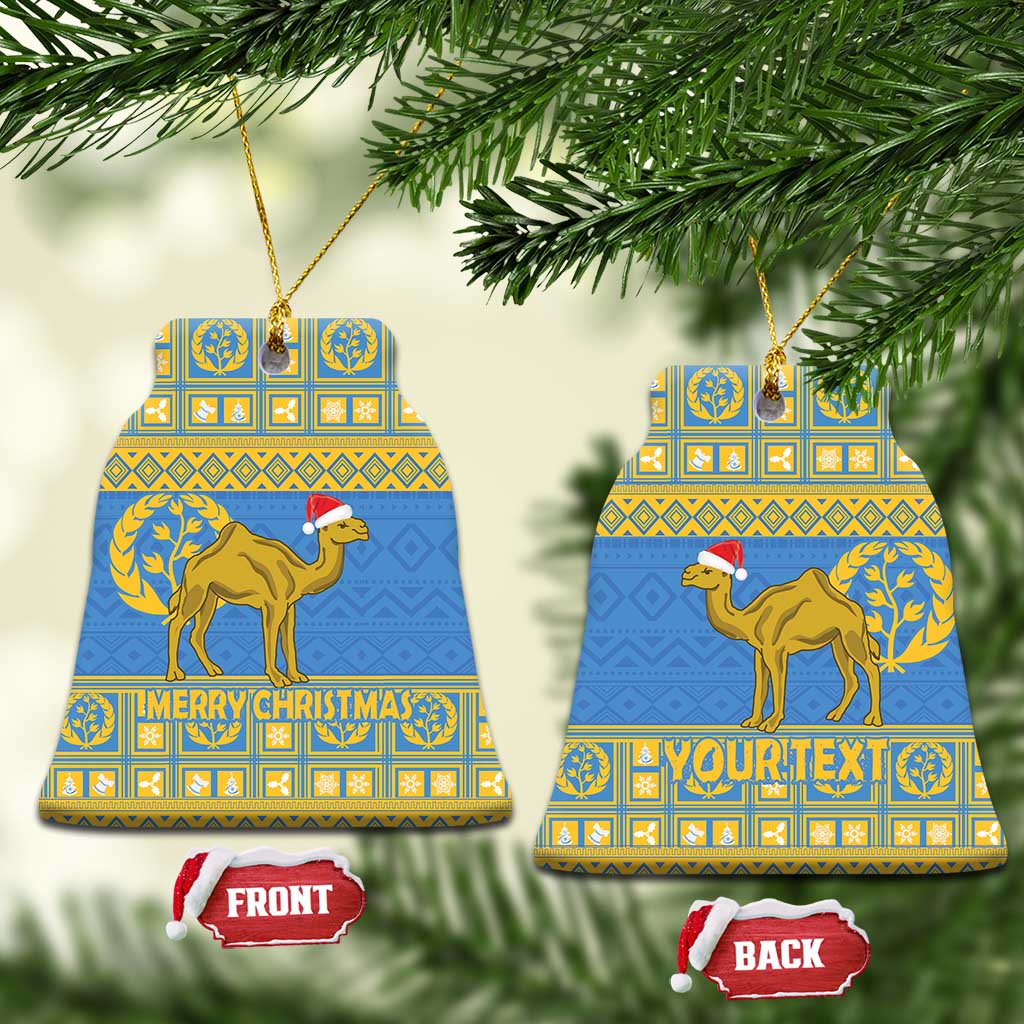 Blue bell-shaped Eritrea Christmas ceramic ornament with gold camel and “MERRY CHRISTMAS”