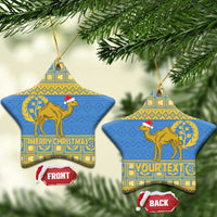 Blue star-shaped Eritrea Christmas ceramic ornaments with gold camel and “MERRY CHRISTMAS”