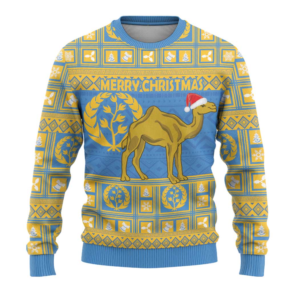 Light blue ugly Christmas sweater with gold patterns, camel, and 'MERRY CHRISTMAS' text