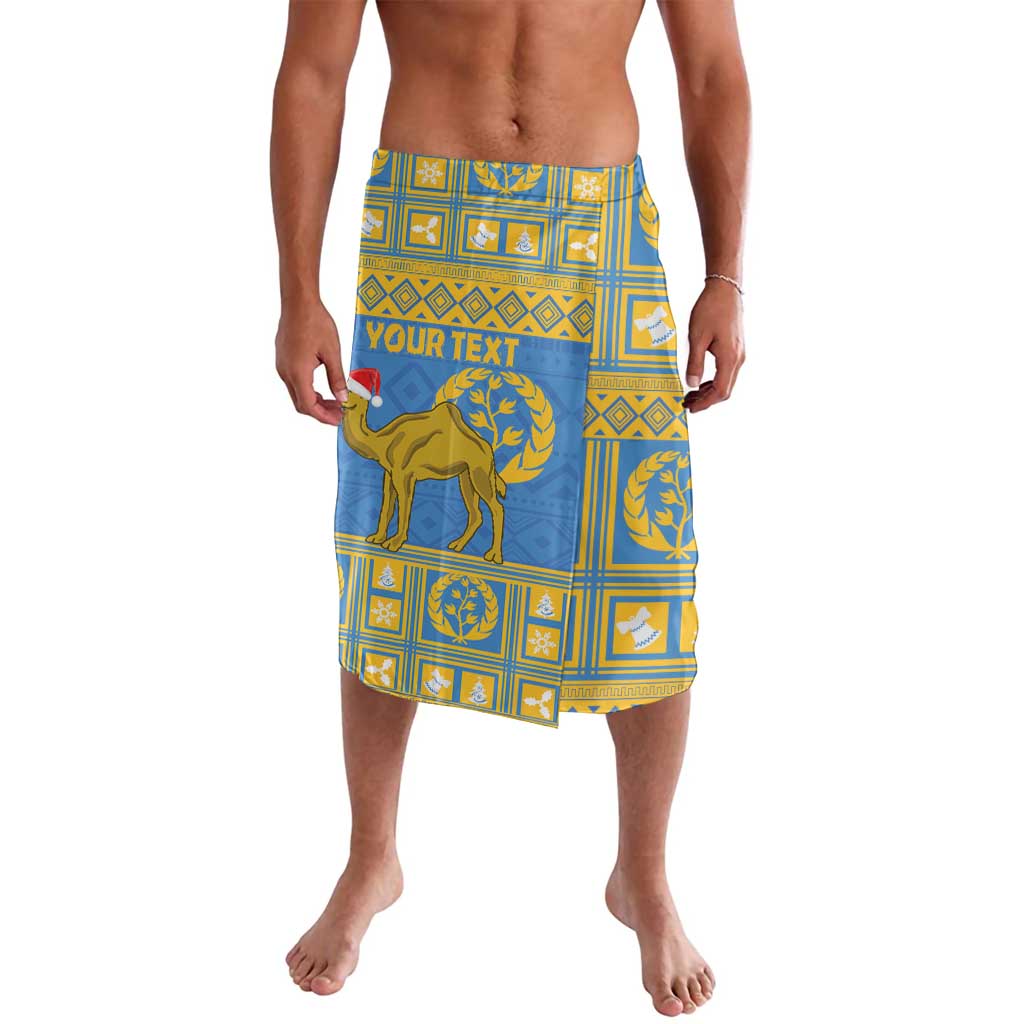 Blue patterned lavalava-style shorts with lion emblem and gold-yellow blocks