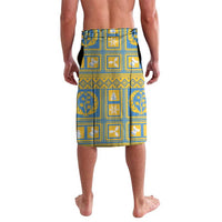 Blue patterned lavalava-style shorts with geometric squares and emblem graphics