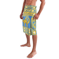 Blue patterned lavalava-style shorts with lion emblem and vertical panel print