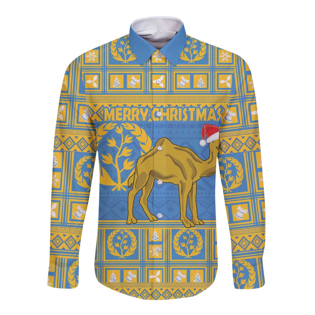 Blue long-sleeve button shirt, patterned squares, camel and 'Merry Christmas' print