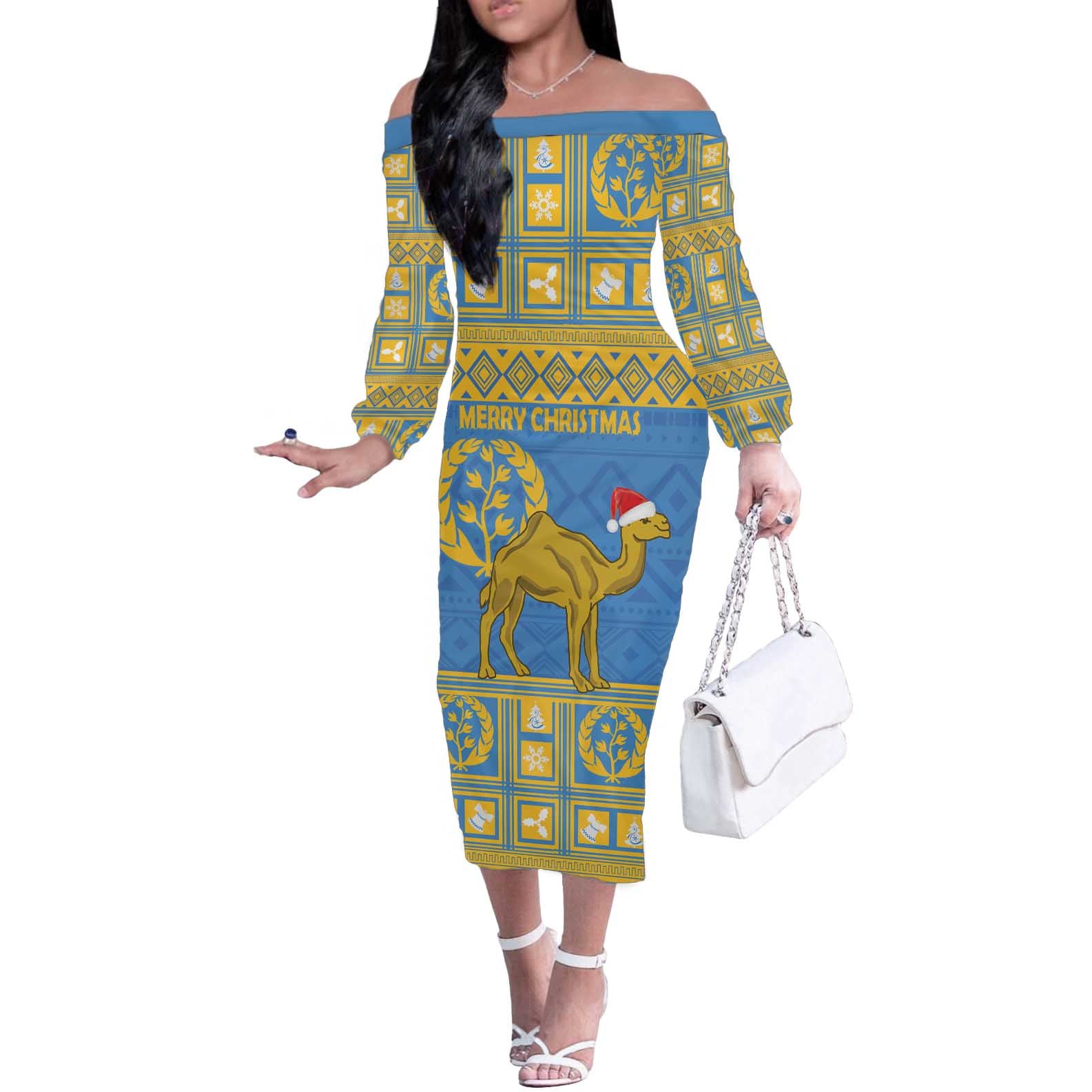 Personalized Eritrea Christmas Off The Shoulder Long Sleeve Dress Ruhus Beal Lidet - National Emblem