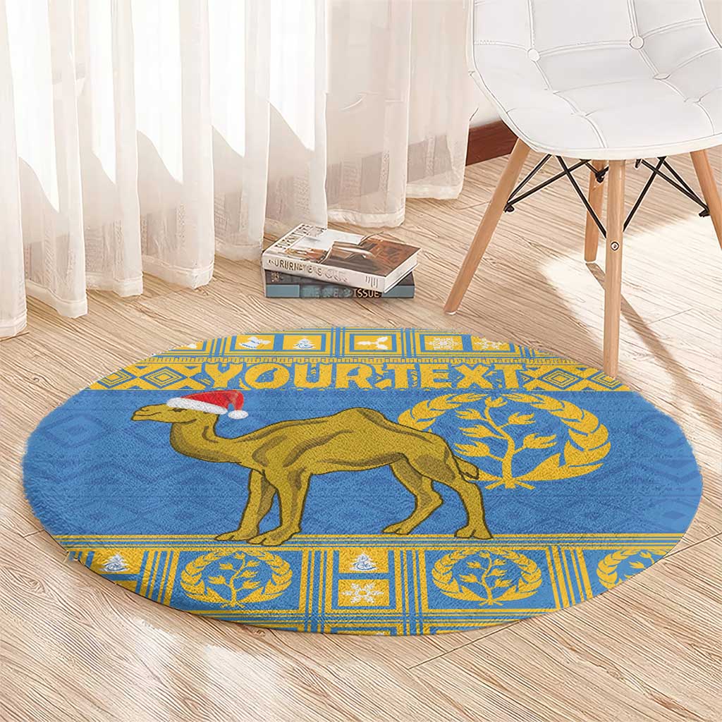 Blue round rug with gold camel figure and decorative border on the edges