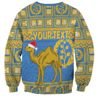 Blue unisex crewneck sweatshirt with gold pattern, camel with Santa hat and text placeholder