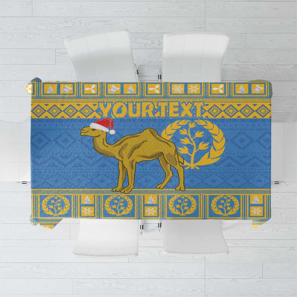 Blue tablecloth with yellow border and large national emblem camel design