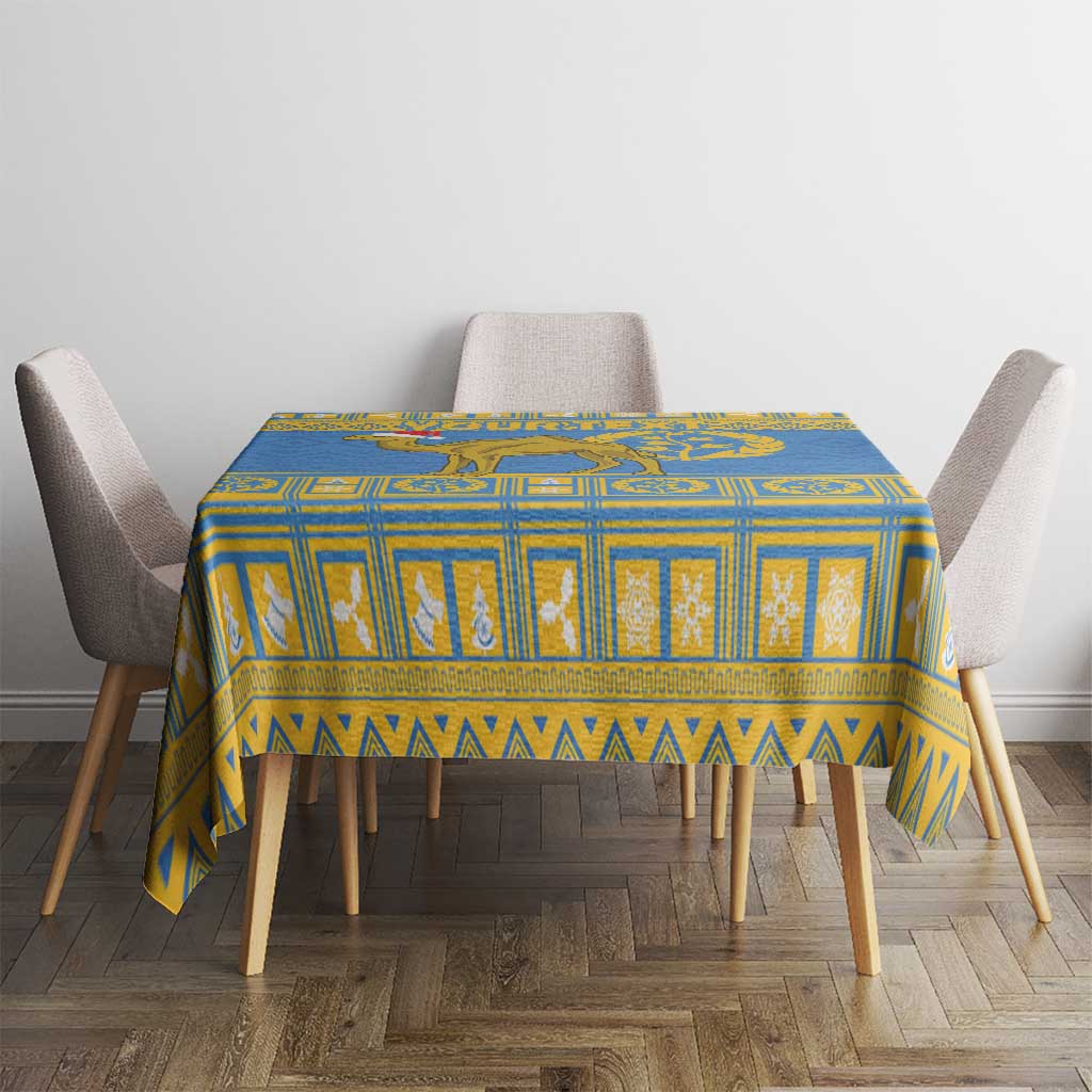 Blue tablecloth with yellow border and ornate national emblem pattern for table