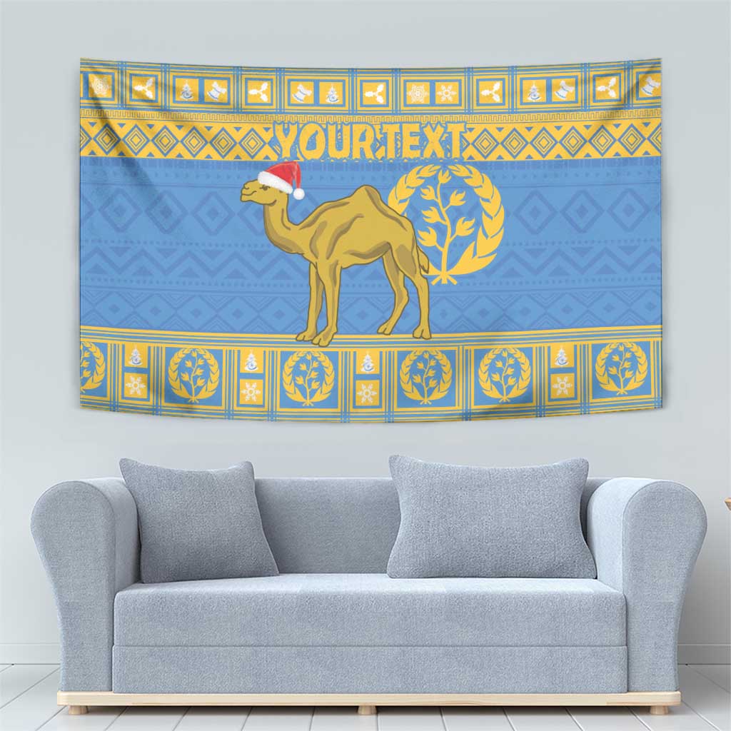 Blue tapestry showing camel with laurel wreath and gold pattern border